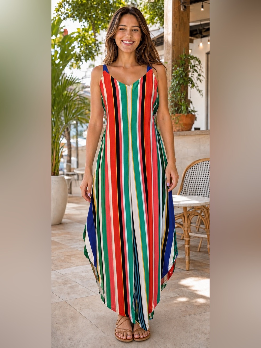 MSK Multicolor Striped Handkerchief Hem Wide Leg Jumpsuit M